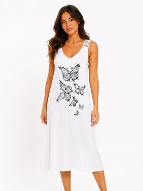 White Butterfly Print Dress M-L